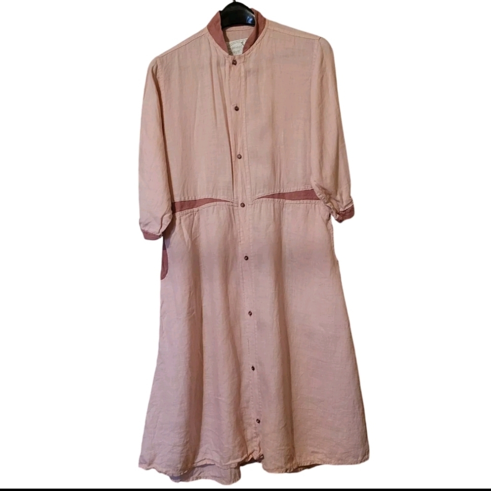 Vtg Angelheart Designs Flax Linen Dress Light Pink Pockets Button Petite Small